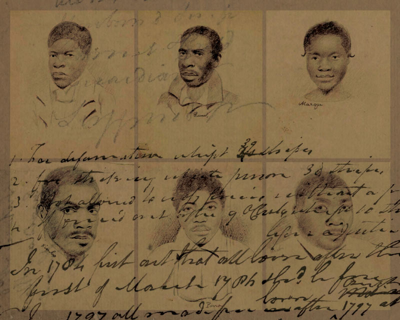 An old pencil drawing on parchment of 6 slaves, with hand writing superimposed over top