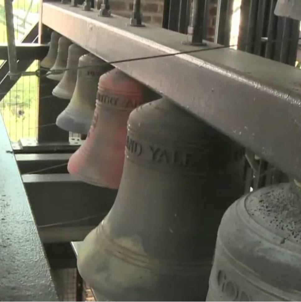 Photo of some of the bells that make up the Harkness Tower Carillon